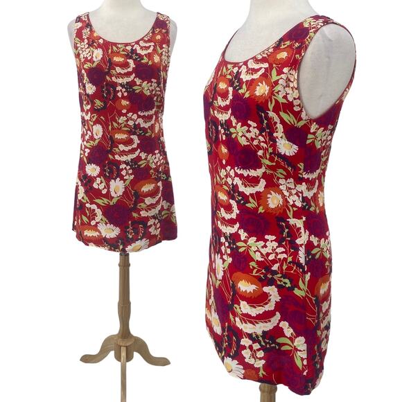 Vintage 90s Esprit Graphic Floral Print Mini Shift Dress Scoop Neck Red Womens 8 - Picture 1 of 8